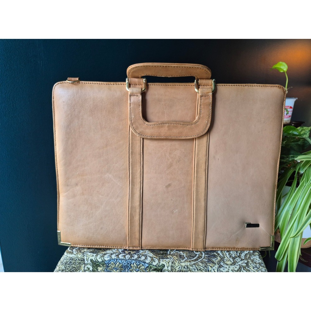 Vintage Texama Leather Briefcase Attache Tan Executive Bag Gold Tone Hardware